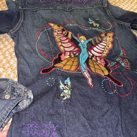 VTG Ed Hardy INSANE y2k butterfly embroidered pearl snap denim shirt size m - Picture 5 of 15